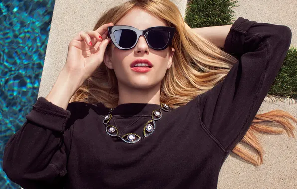 Ожерелье, бассейн, актриса, очки, блондинка, фотосессия, бренд, Emma Roberts