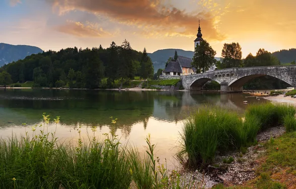 Картинка небо, пейзаж, мост, природа, город, река, фото, дома