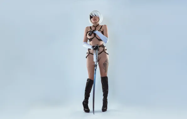 Поза, меч, тату, бельё, cosplay, Darshelle Stevens, Nier Automata, Yorha No.2