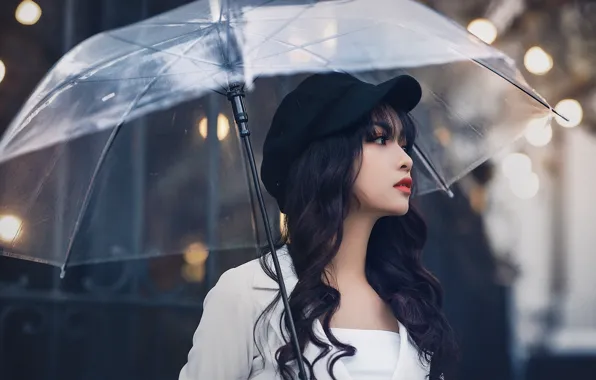 Девушка, зонт, кепка, азиатка