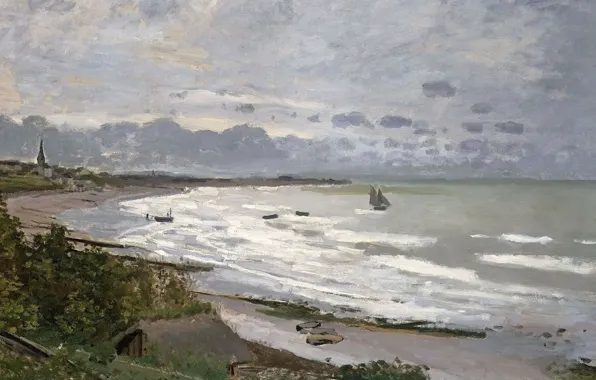 Картинка море, пейзаж, берег, картина, лодки, Клод Моне, Пляж в Сент-Адрессе