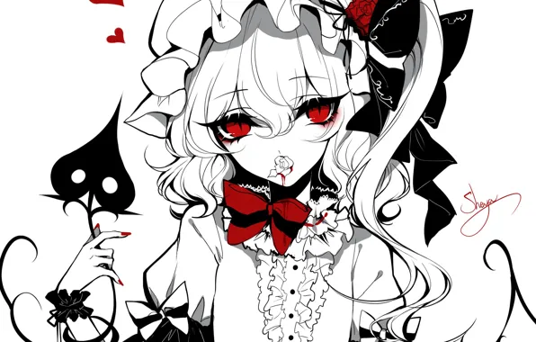 Девушка, кровь, розы, сердечки, красные глаза, Touhou, Flandre Scarlet, Тохо