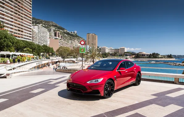 Пляж, курорт, Tesla, Монако, Model S, 2015, Elizabeta