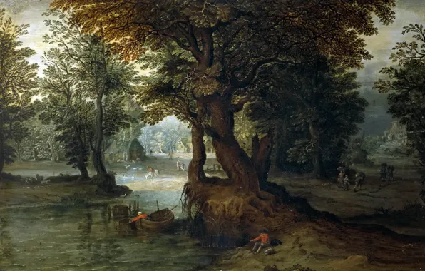 Картинка лес, деревья, пейзаж, дом, лодка, картина, рыбак, Ян Брейгель младший