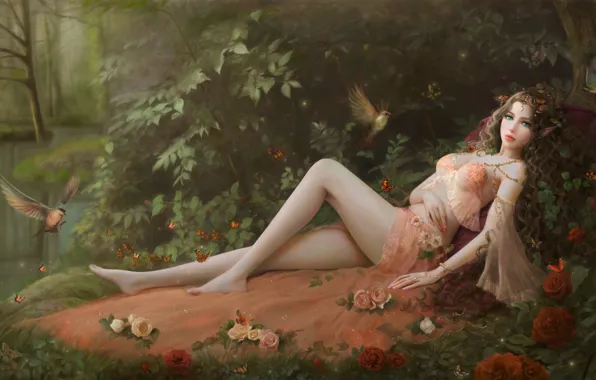 Картинка лес, девушка, цветы, птицы, рисунок, розы, платье, фея