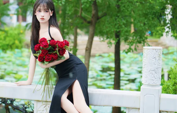 Beautiful, Asian, Model, Flower, Roses, Woman, Bouquet, Cute