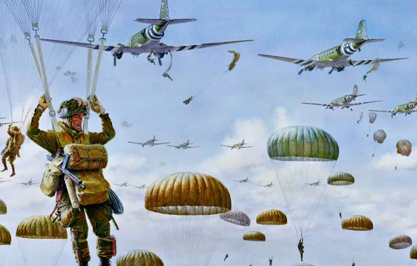 Рисунок, арт, 1944, парашютисты, Market Garden, Голландская операция, приземляются в Голландии, военная операция союзников