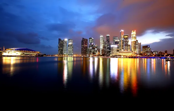 Вода, ночь, огни, отражение, побережье, небоскребы, залив, Сингапур