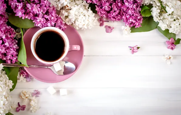 Картинка цветы, wood, flowers, сирень, coffee cup, lilac, чашка кофе
