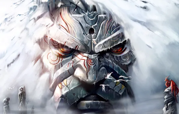 Картинка снег, лицо, скала, дракон, Арт, страж, руны