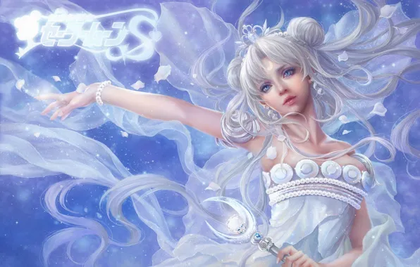 Картинка девушка, арт, жезл, белые волосы, bishoujo senshi sailor moon, sunmomo, princess serenity, епестки