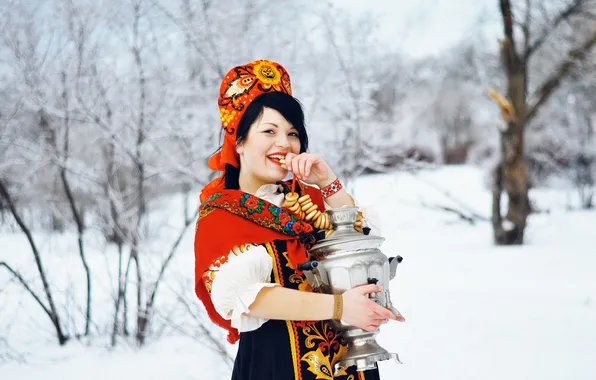 Картинка девушка, снег, фотограф, самовар, photography, photographer, Elena Umrihina