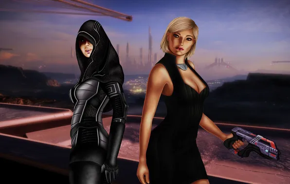 Картинка оружие, девушки, Mass Effect 2, шепард, fan art, касуми, Shepard, Kasumi