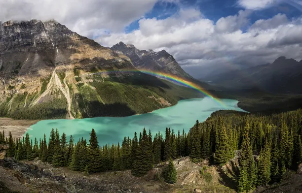Лес, деревья, горы, природа, озеро, радуга, Канада
