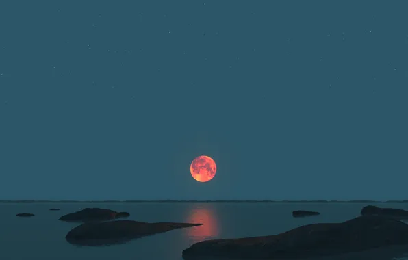 Море, небо, ночь, камни, Луна, горизонт