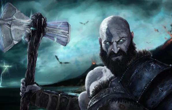 God of war, weapon, kratos, snow, man, boy, blade, thor