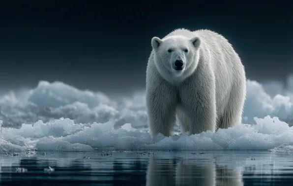 Зима, взгляд, снег, отражение, темный фон, берег, медведь, сугробы