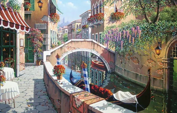 Лето, цветы, Италия, Венеция, канал, Сан-Марко, живопись, Italy
