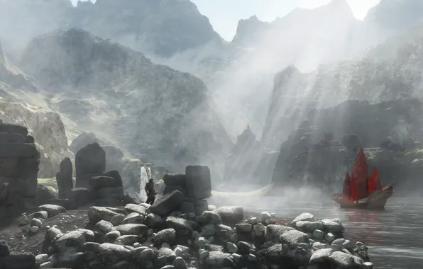 Картинка красный, озеро, камни, скалы, человек, корабль, водопад, парусник