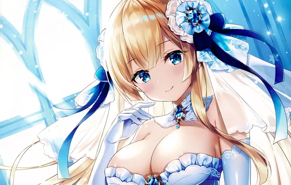 Girl, sexy, cleavage, long hair, dress, boobs, anime, blue eyes