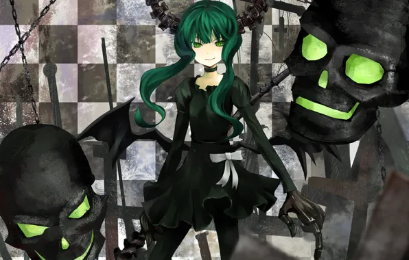 Взгляд, девушка, улыбка, кресты, рога, черепа, цепи, black rock shooter
