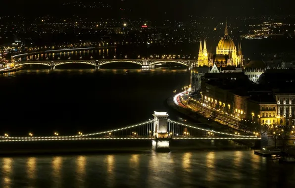 Картинка ночь, город, река, здания, мосты, парламент, Венгрия, Будапешт