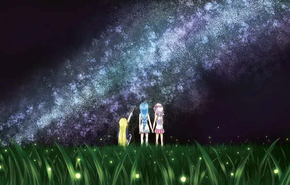 Картинка трава, светлячки, девочки, звёзды, луг, млечный путь, телескоп