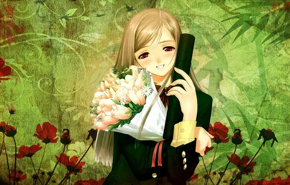 Картинка девушка, цветы, улыбка, букет, слезы, форма, taka tony, туба
