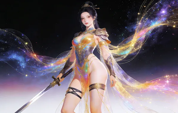 Girl, sword, brunette, asian, ai art
