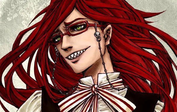 Арт, очки, парень, бант, красные волосы, Тёмный дворецкий, Grell Sutcliff, Kuroshitsuji