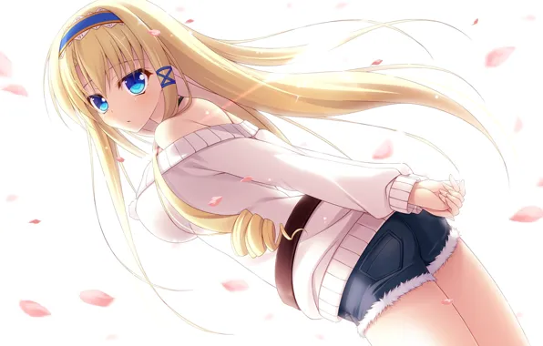 Long hair, anime, blonde, anime girls, simple background, jean shorts, looking at viewer