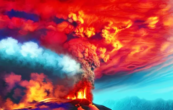 Картинка природа, вулкан, арт, извержение, лава, Nina Vels, Erupting volcano