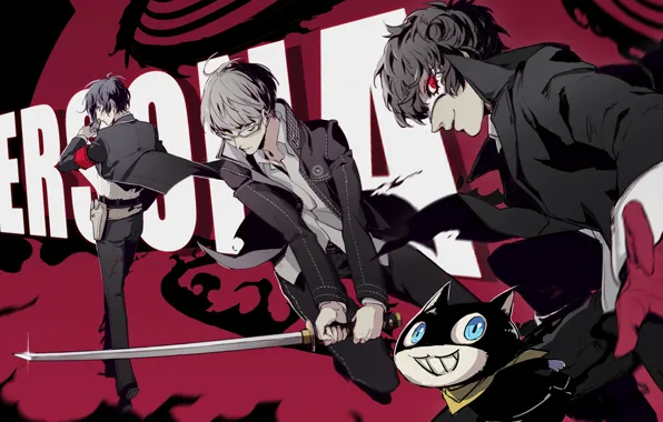 Кот, игра, аниме, арт, парни, персонажи, Persona 5, Персона 5