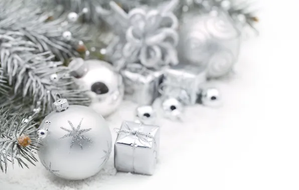 Картинка зима, шарики, снег, игрушки, ель, ветка, Новый Год, Рождество
