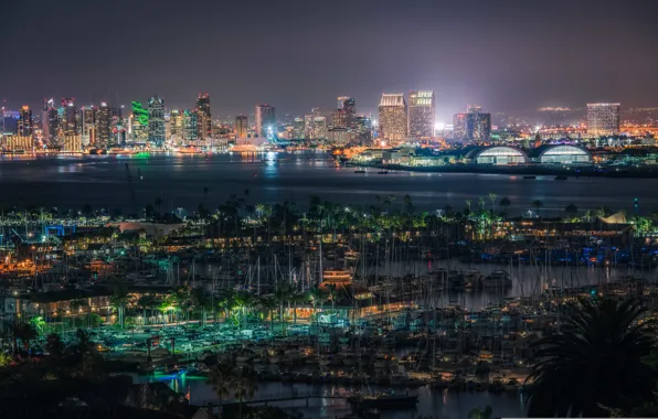 Картинка ночь, огни, Калифорния, панорама, залив, Сан-Диего, Соединенные Штаты, Марина
