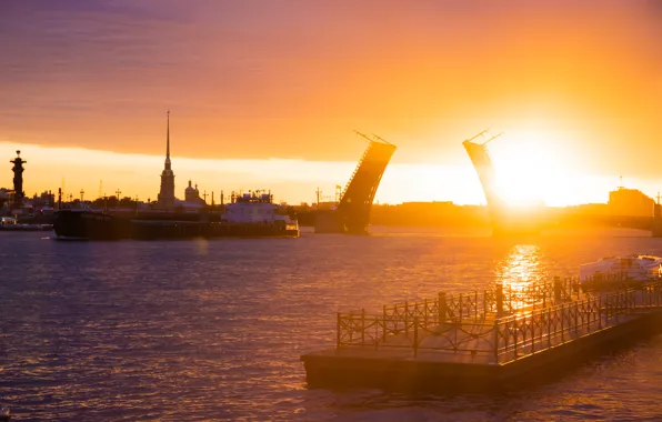 Солнце, река, Россия, мосты, Russia, нева, St. Petersburg, СПБ