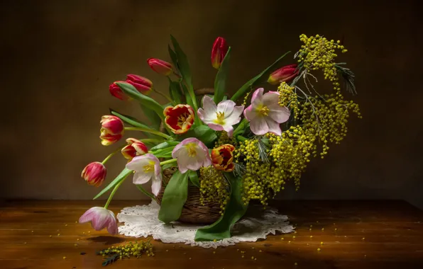 Картинка тюльпаны, корзинка, салфетка, мимоза, Татьяна Феденкова