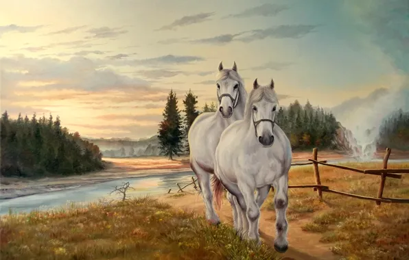 Картинка небо, трава, облака, природа, река, лошади, грива, белые