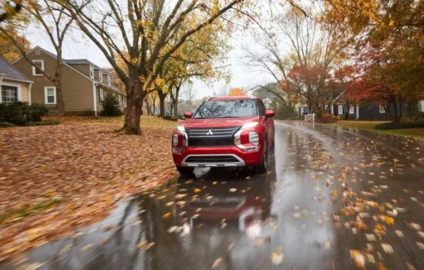 Осень, город, скорость, строения, SUV, желтая листва, Mitsubishi Outlander, 2022