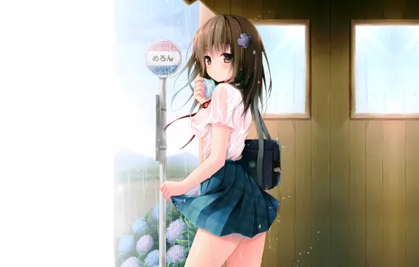 Girl, sexy, wet, school uniform, rain, long hair, brown hair, brown eyes