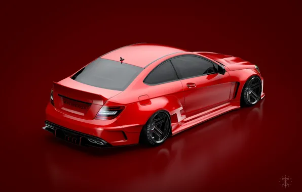 Mercedes-Benz, Красный, Авто, Mercedes, Автомобиль, C63, Widebody, Красный фон