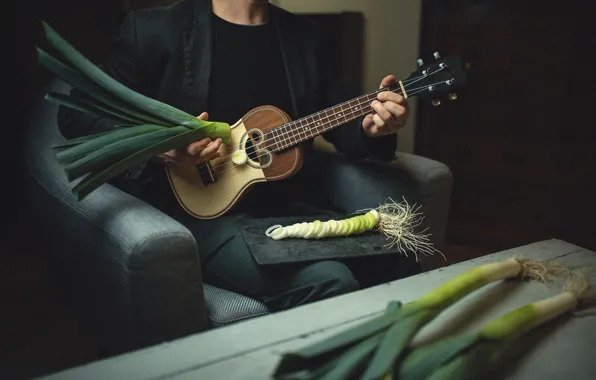 Зелень, корни, поза, зеленый, музыка, темный фон, стол, комната