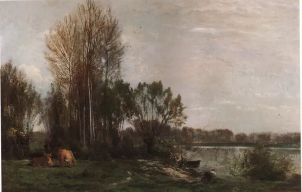 Картинка пейзаж, 1864, На берегу реки, Добиньи Шарль-Франсуа
