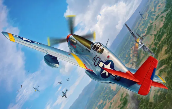 War, art, airplane, painting, aviation, ww2, P-51 Mustang, Tuskegee Airmen