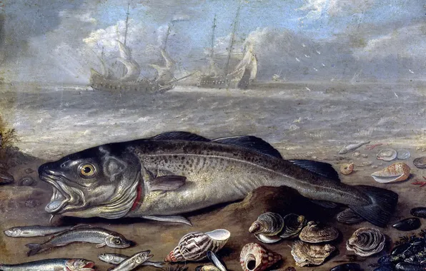 Картинка корабль, картина, Ян ван Кессель Старший, натюрморт в пейзаже, Рыбы и Раковины на Берегу Моря