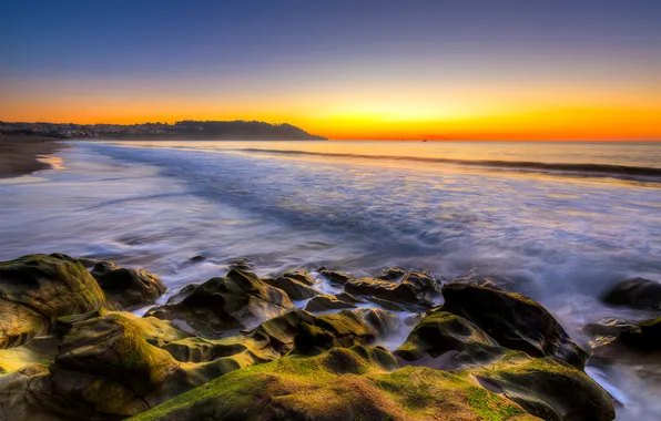 Картинка море, небо, закат, камни, США, San Francisco, Baker Beach