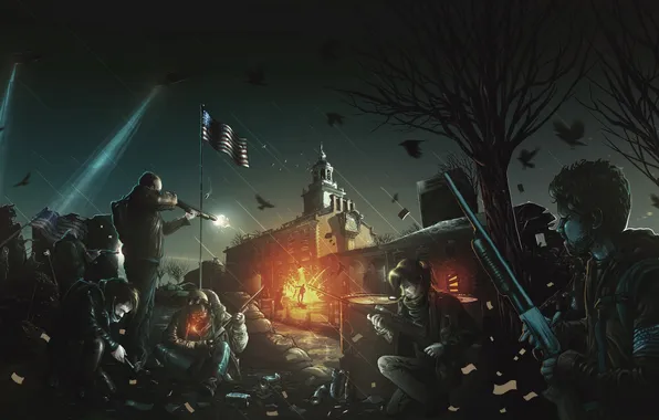 Картинка ночь, оружие, люди, арт, дробовик, танки, повстанцы, Homefront: The Revolution