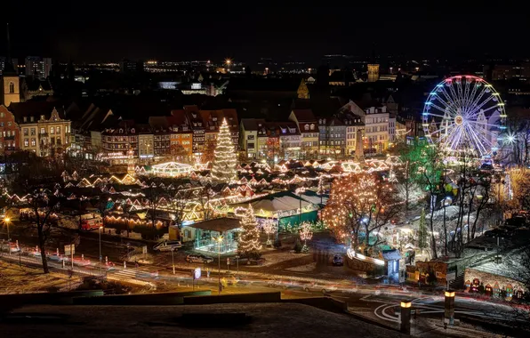 Город, огни, елка, дома, Германия, Рождество, ярмарка, Erfurt
