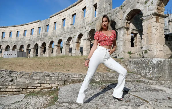 Cleavage, long hair, hot girl, model, ruins, outside, sexy woman, photoshoot