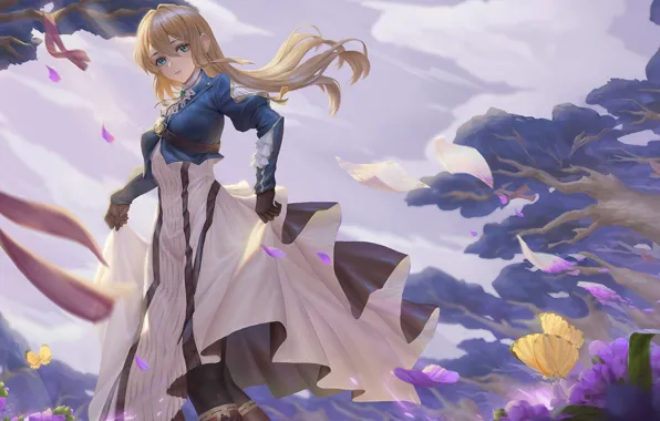 Девушка, бабочки, цветы, ленты, ветер, письма, Violet Evergarden